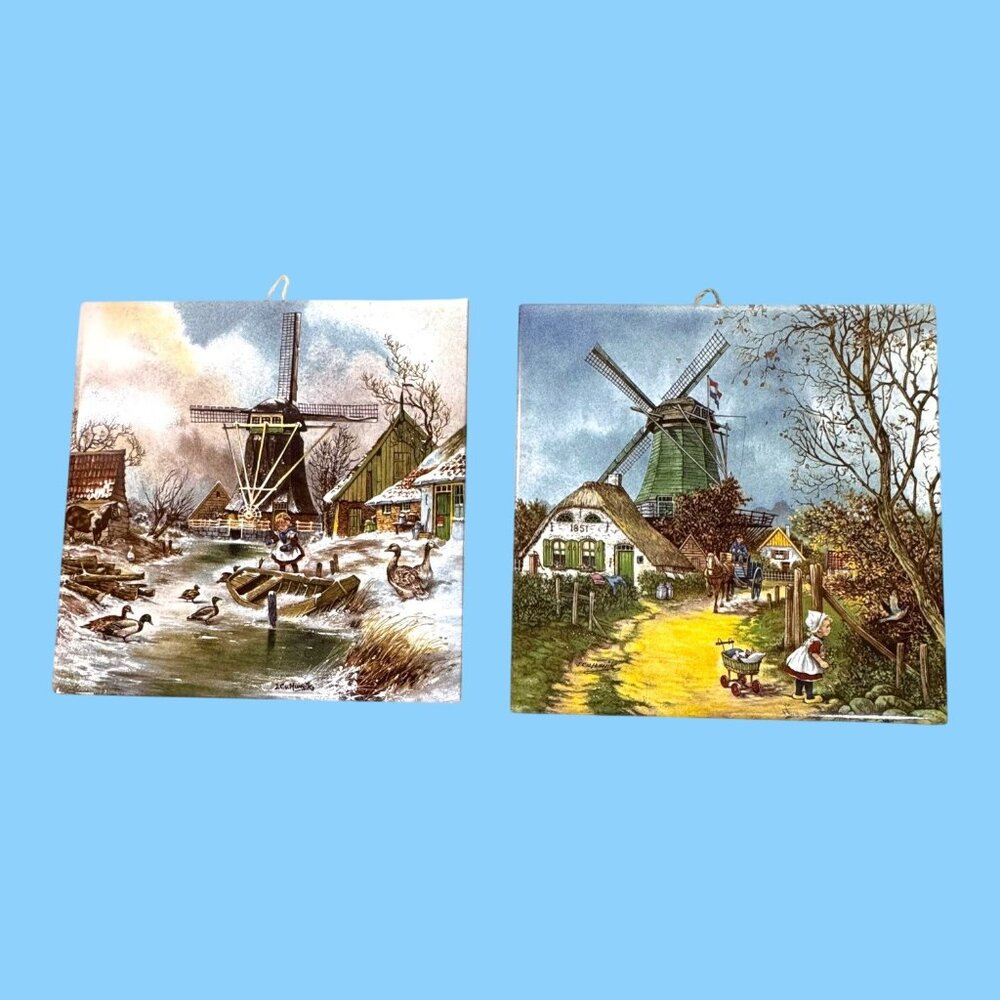 Set Of 2 Handcrafted Ter Steege Holland Wall Tiles Windmill Scenes 6" Decor VTG